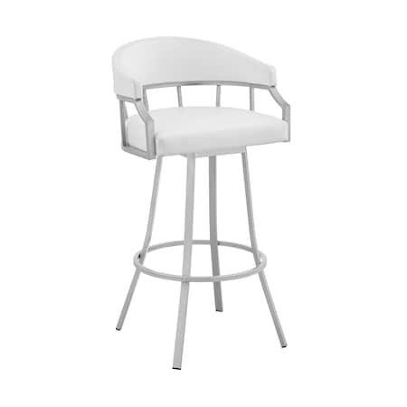 Armen Living Valerie 30" Swivel White Faux Leather and Silver Metal Bar Stool LCVLBASLWH30